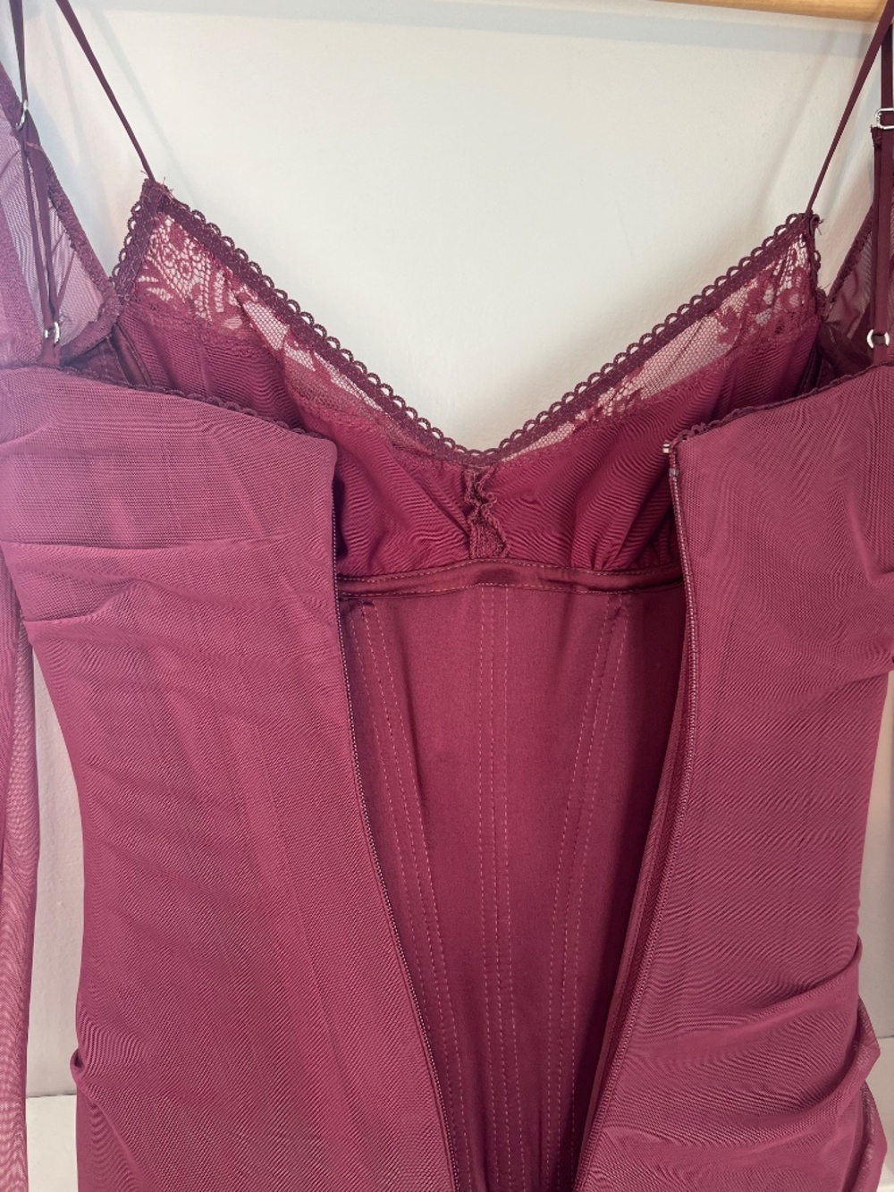 House of CB Burgundy Long Sleeve Mesh Gown - Picture 9 of 12